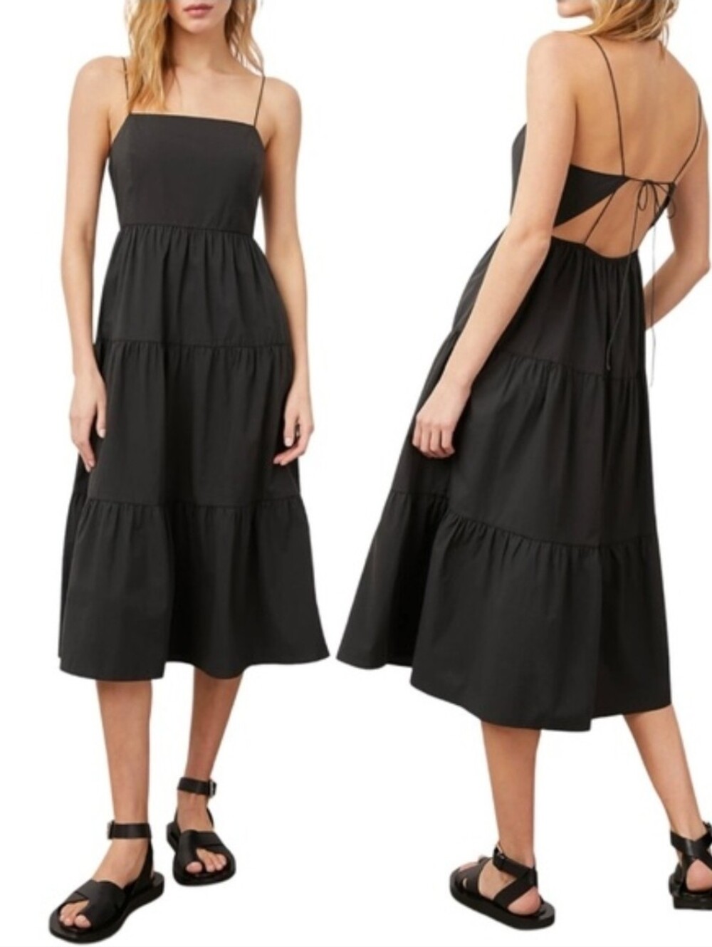 New* Rails Leni Tiered Open-Back Midi Dress Large Black